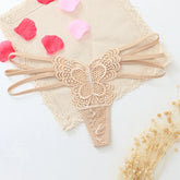 Beige lace butterfly thong with multiple straps, delicate floral embroidery, feminine fit