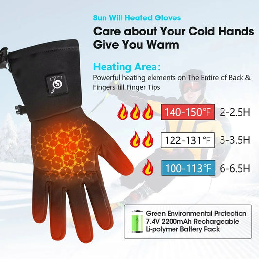 Black heated glove with adjustable fit, visible heating elements, and digital control panel.