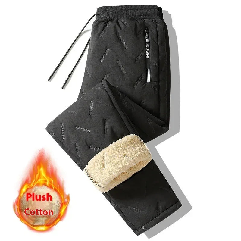 Black fleece-lined jogger pants with quilted pattern, drawstring waist, and relaxed fit.