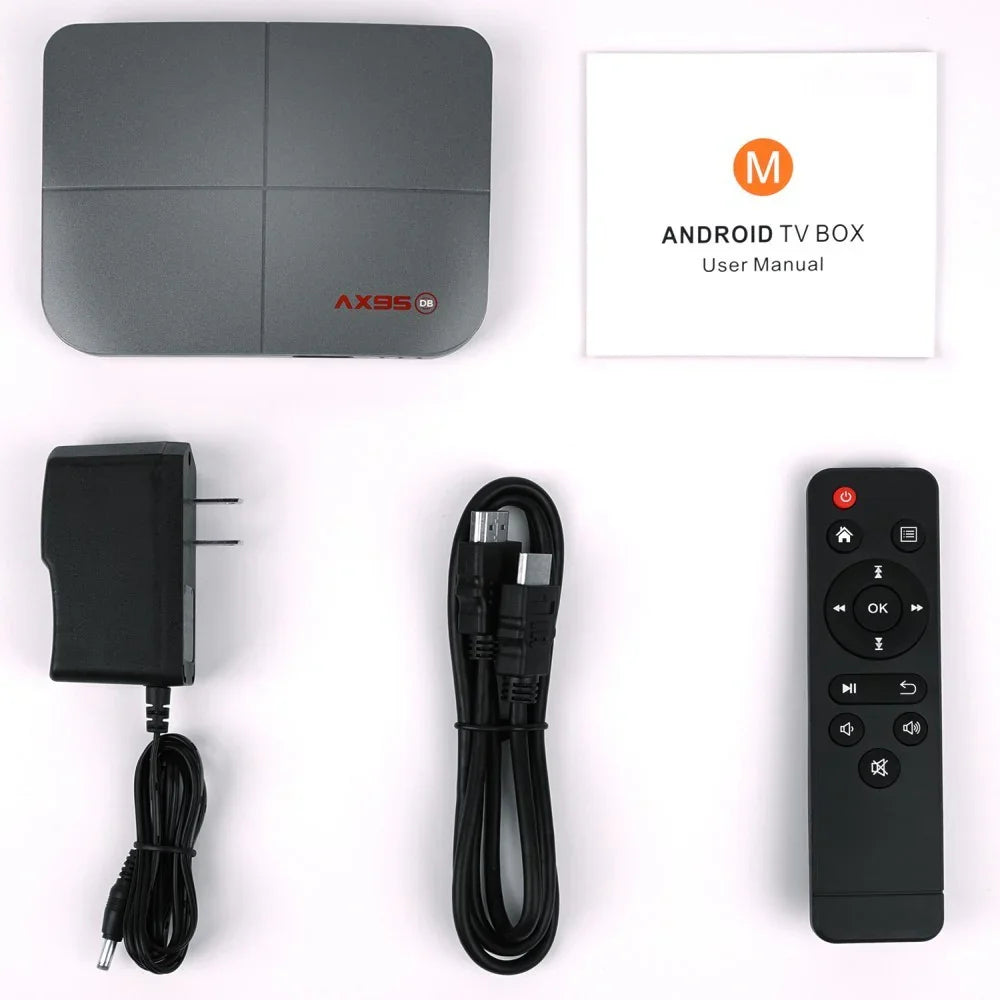 Grey Android TV box set with remote, HDMI cable, power adapter, and user manual on white background