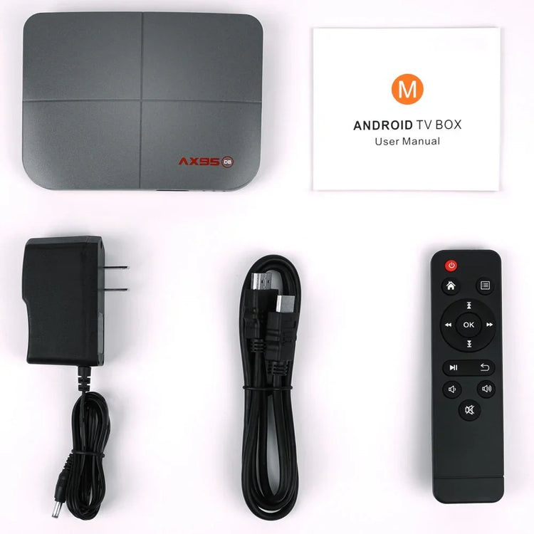 Grey Android TV box set with remote, HDMI cable, power adapter, and user manual on white background