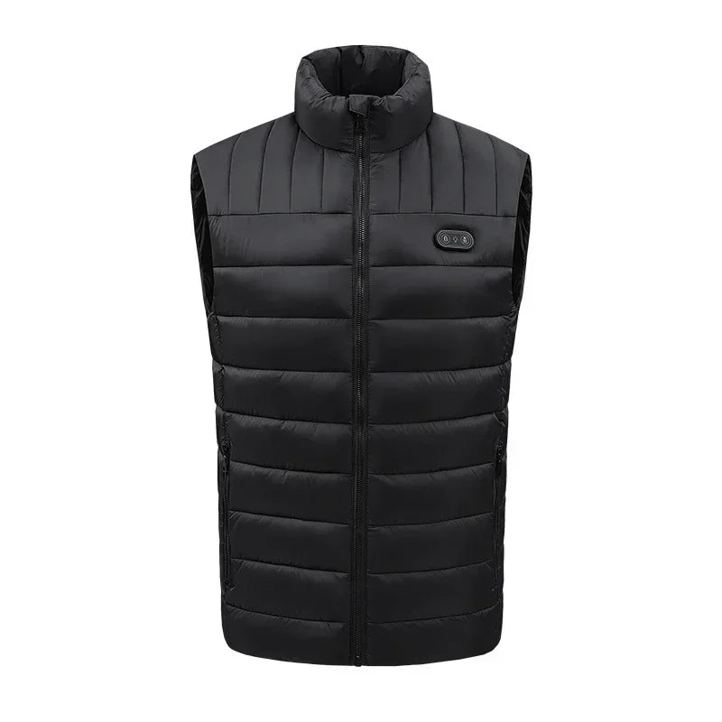 Sleek black puffer vest with high collar, zip front, quilted design, and lightweight fit