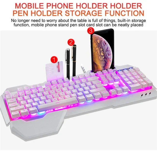 White backlit mechanical keyboard with pink LED lighting, phone holder, and pen slots.