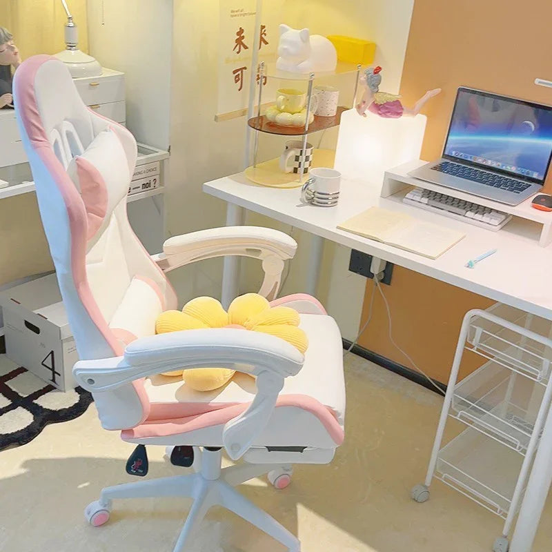 White and pink ergonomic gaming chair with plush yellow cushion in a modern workspace