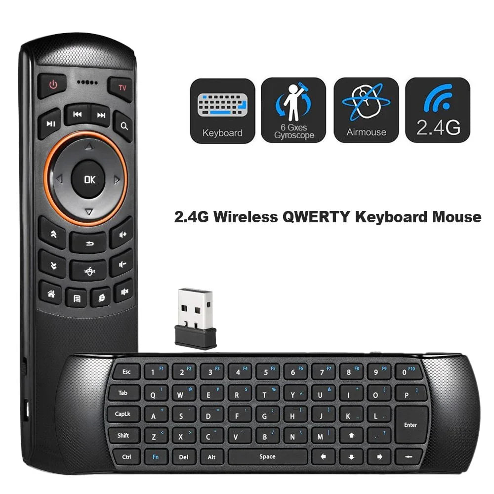 Black 2.4G wireless QWERTY keyboard mouse combo with remote, USB receiver, ergonomic design