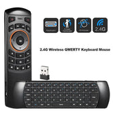 Black 2.4G wireless QWERTY keyboard mouse combo with remote, USB receiver, ergonomic design