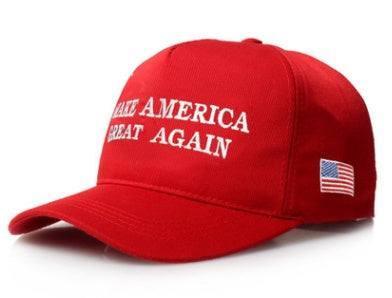 Red cotton baseball cap with white embroidered slogan and small US flag patch, structured fit