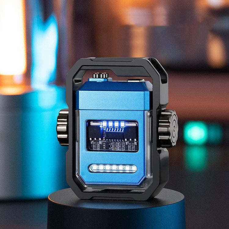 Futuristic blue and black metal gadget with LED lights and exposed circuit components