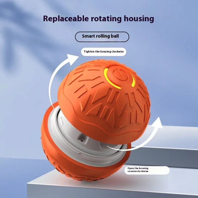 Orange textured smart rolling ball with replaceable rotating housing on a light background.