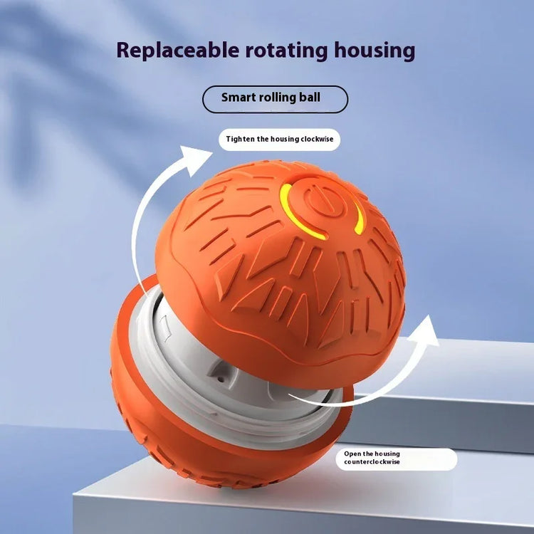 Orange textured smart rolling ball with replaceable rotating housing on a light background.