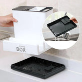White plastic kitchen storage box with removable black drainage tray and utensil slots.