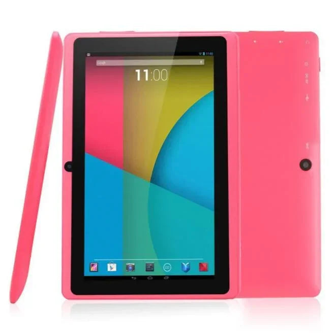 Sleek pink tablet with black bezel and colorful display, smooth plastic finish, slim design