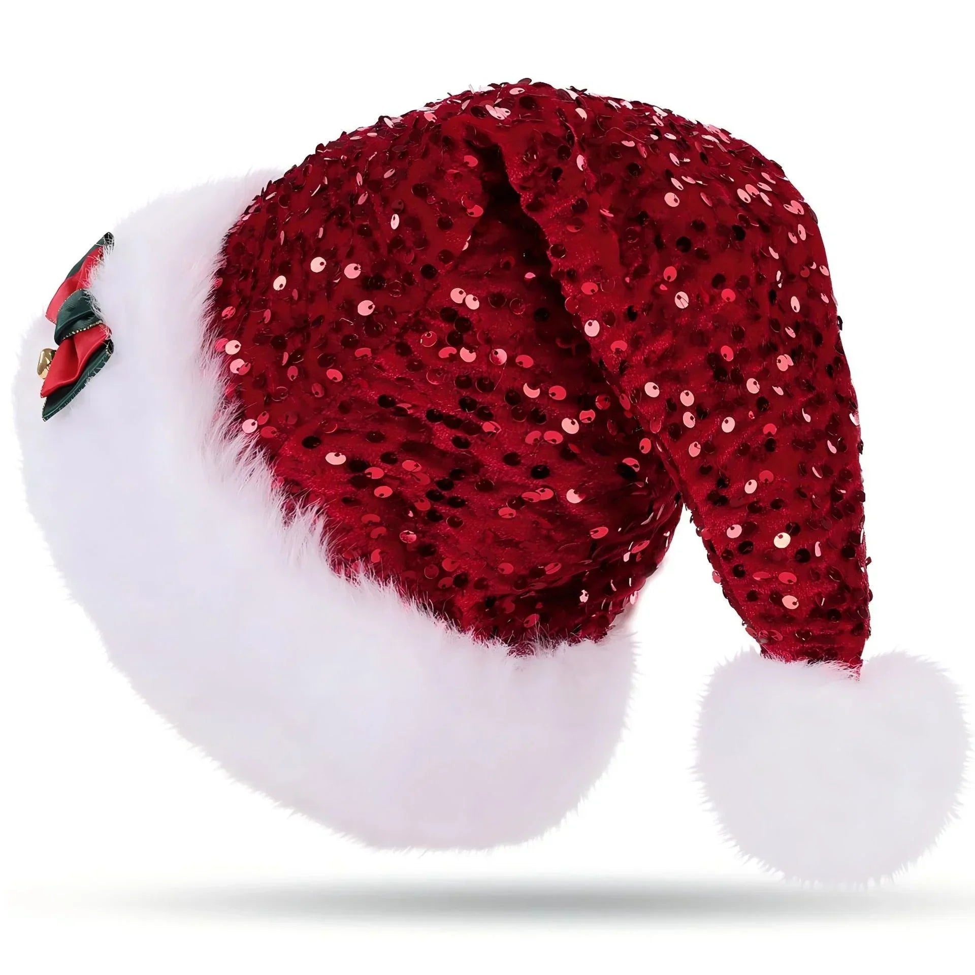 Red sequin Santa hat with fluffy white trim and pom-pom, accented by a small green and red bow.