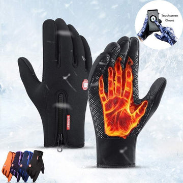 Black thermal touchscreen gloves with zipper, water-resistant material, and insulated fit