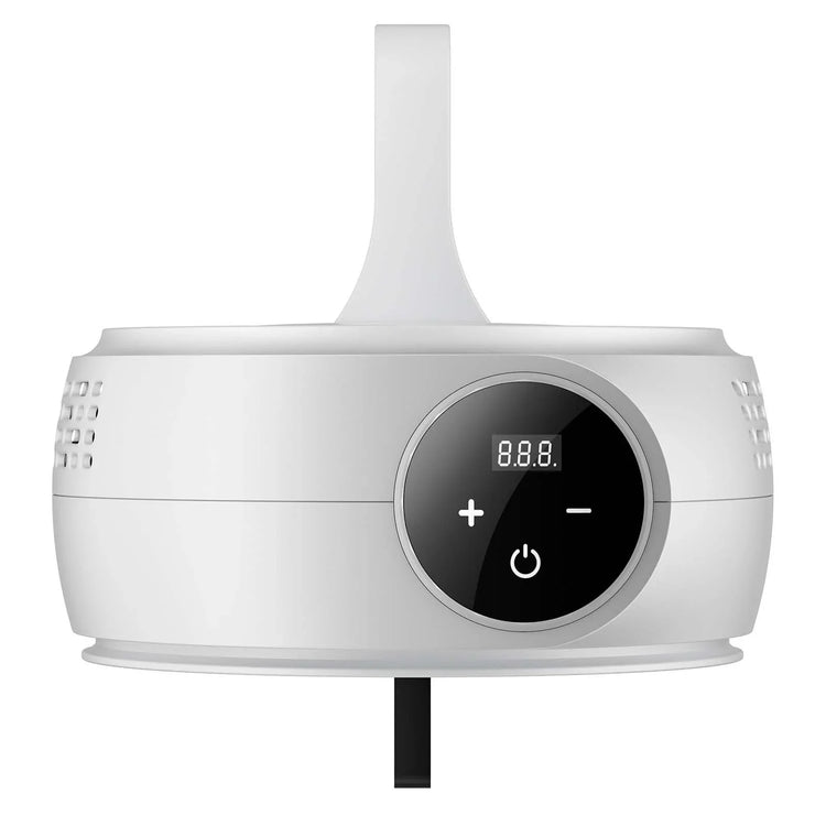 Modern white electronic device with digital display, touch controls, and vented sides