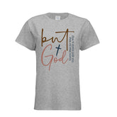 Heather gray short-sleeve cotton t-shirt with multicolor graphic text and relaxed fit