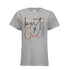 Heather gray short-sleeve cotton t-shirt with multicolor graphic text and relaxed fit