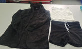 Three-piece loungewear set with black fuzzy hooded jacket, white crop tank, and black shorts