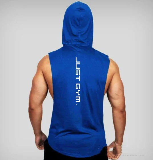 Blue sleeveless gym hoodie with bold white text, athletic fit, soft fabric, men&