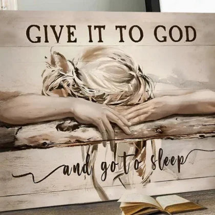 Canvas art with a painted figure resting arms on a wooden fence, blonde hair, and inspirational text.