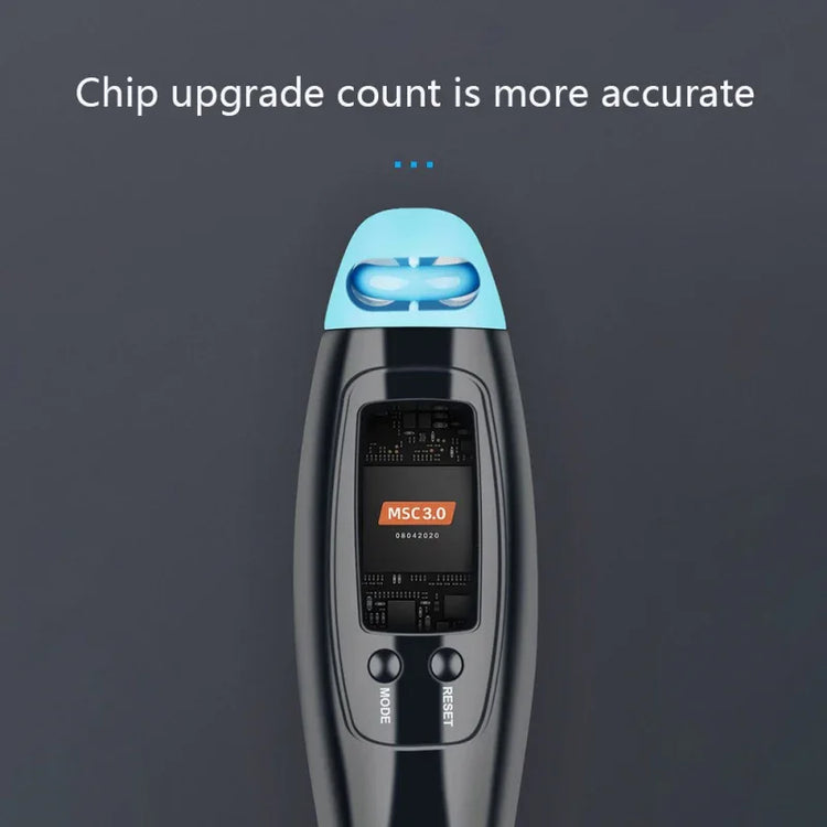 Close-up of a black electronic device with blue tip, digital display, and control buttons on a dark background.