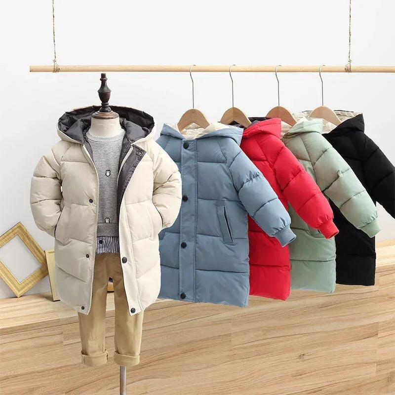 Children's padded winter jackets with hoods in beige, blue, red, green, and black colors.