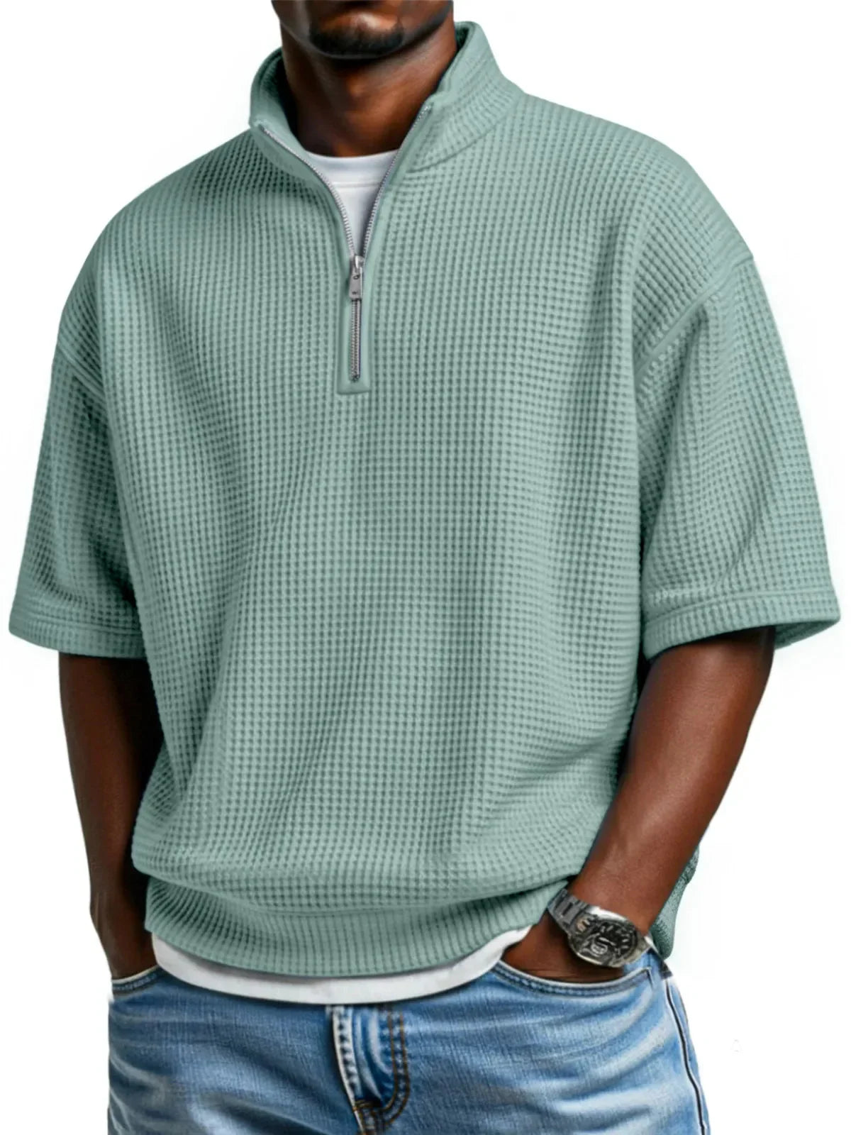 Men’s relaxed fit sage green waffle knit half-zip pullover with short sleeves