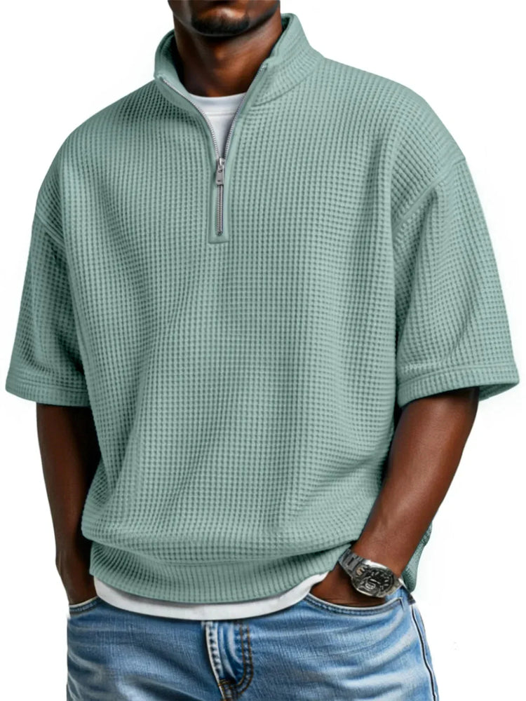 Men’s relaxed fit sage green waffle knit half-zip pullover with short sleeves