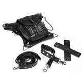 Black faux leather harness bag set with adjustable straps and metal hardware, streetwear style.