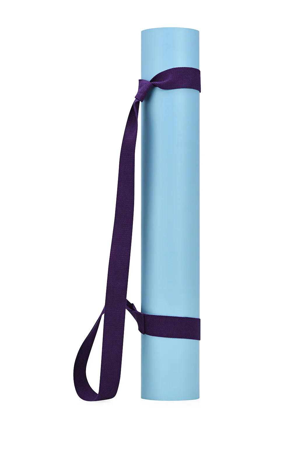 Light blue yoga mat with purple carrying strap, rolled and made of smooth material