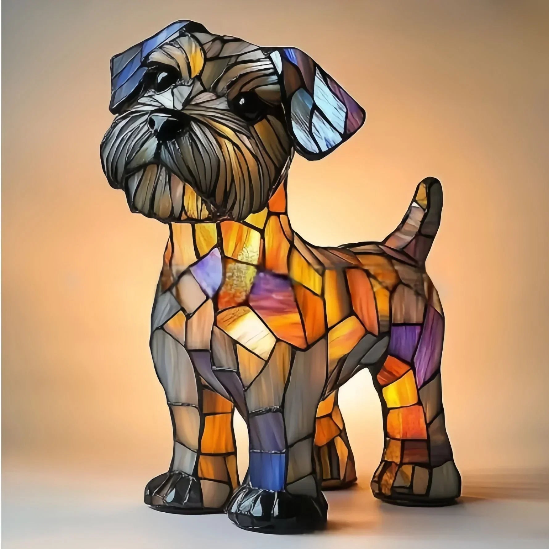 Stained glass dog lamp with colorful mosaic design and warm ambient lighting
