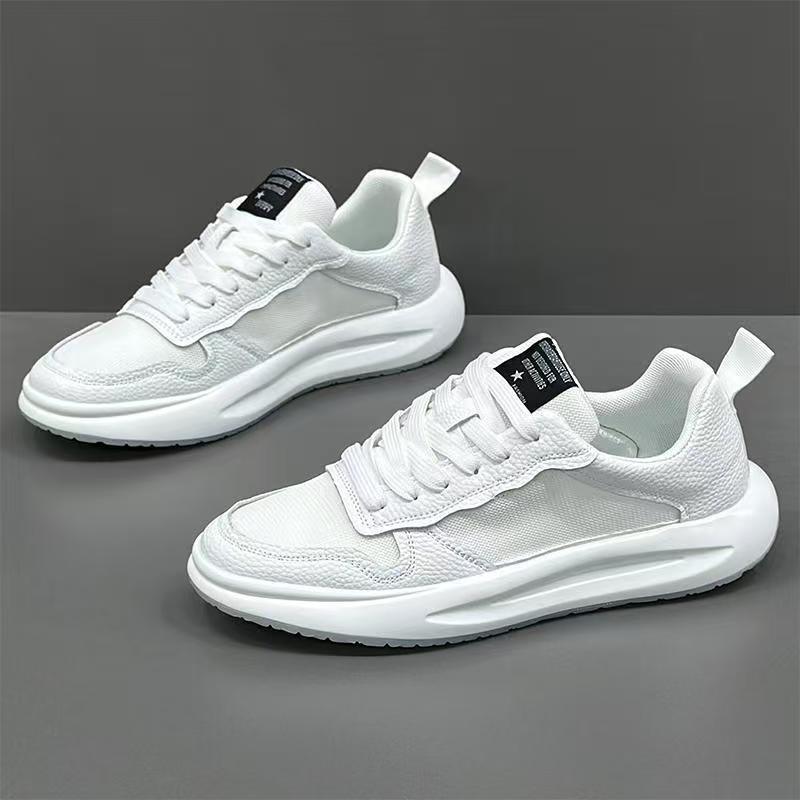 White mesh and leather sneakers with chunky sole, lace-up, modern streetwear style