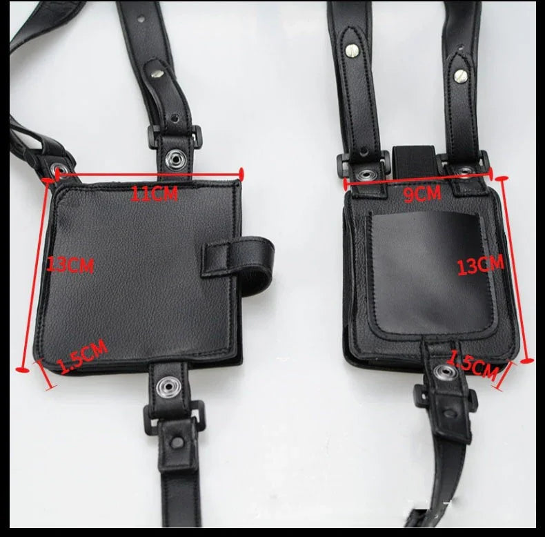 Black faux leather streetwear utility pouches with adjustable straps, snap closures, pocket detailing, and visible size measurements.
