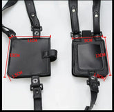 Black faux leather streetwear utility pouches with adjustable straps, snap closures, pocket detailing, and visible size measurements.