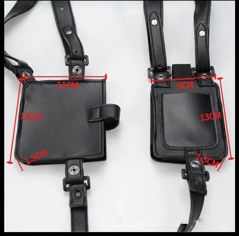 Black faux leather streetwear utility pouches with adjustable straps, snap closures, pocket detailing, and visible size measurements.