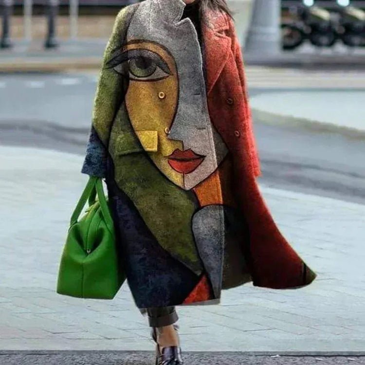 Colorful oversized wool coat with abstract face art, relaxed fit, street style fashion