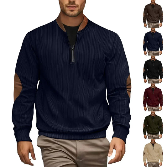 Men's ribbed quarter-zip pullover with faux leather elbow patches, slim fit, multiple colors