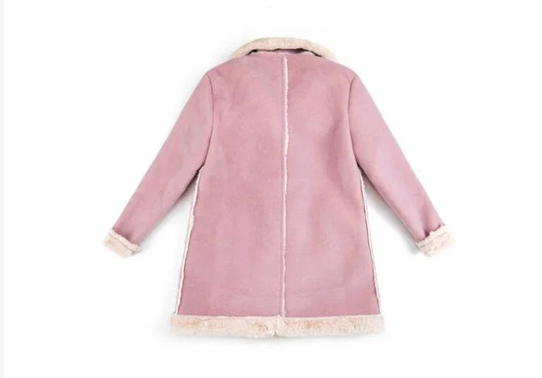 Pink faux shearling coat with cream fur trim, soft texture, and relaxed fit, back view.