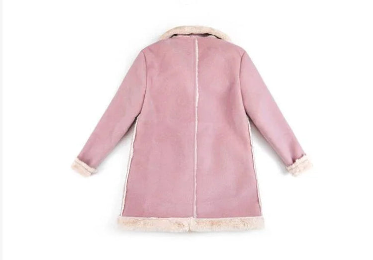 Pink faux shearling coat with cream fur trim, soft texture, and relaxed fit, back view.