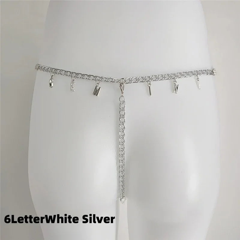 Silver chain waist belt with letter charms, minimalist streetwear accessory, fitted style