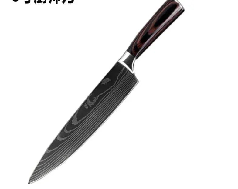 Chef knife with black Damascus steel blade and polished dark wood handle