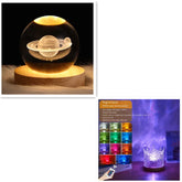Modern RGB crystal table lamps with glass and wood base, featuring Saturn and crown designs
