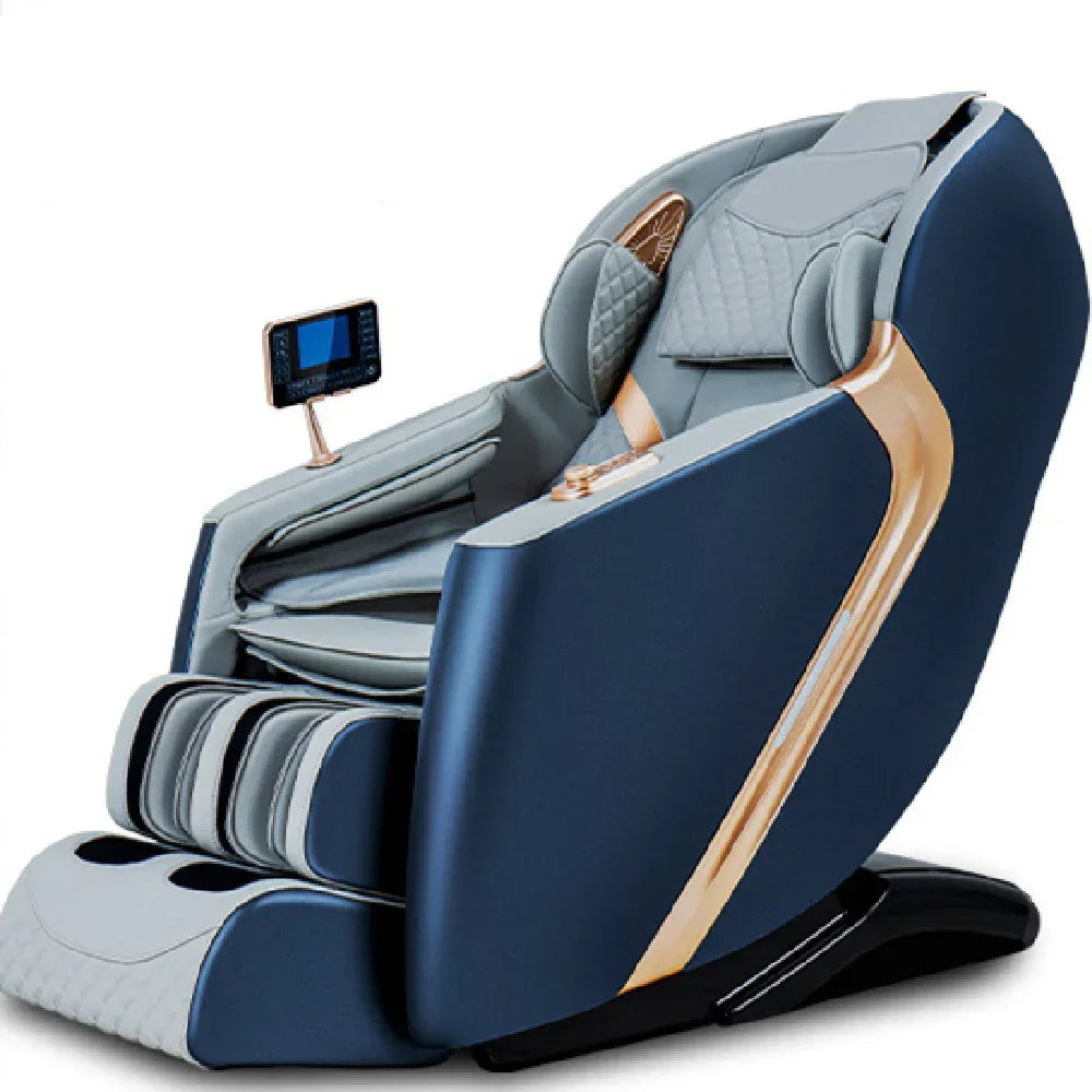 Modern massage chair with blue and gray upholstery, gold accents, and digital control panel