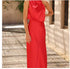 Woman wearing a red satin sleeveless maxi dress with draped neckline and slim fit