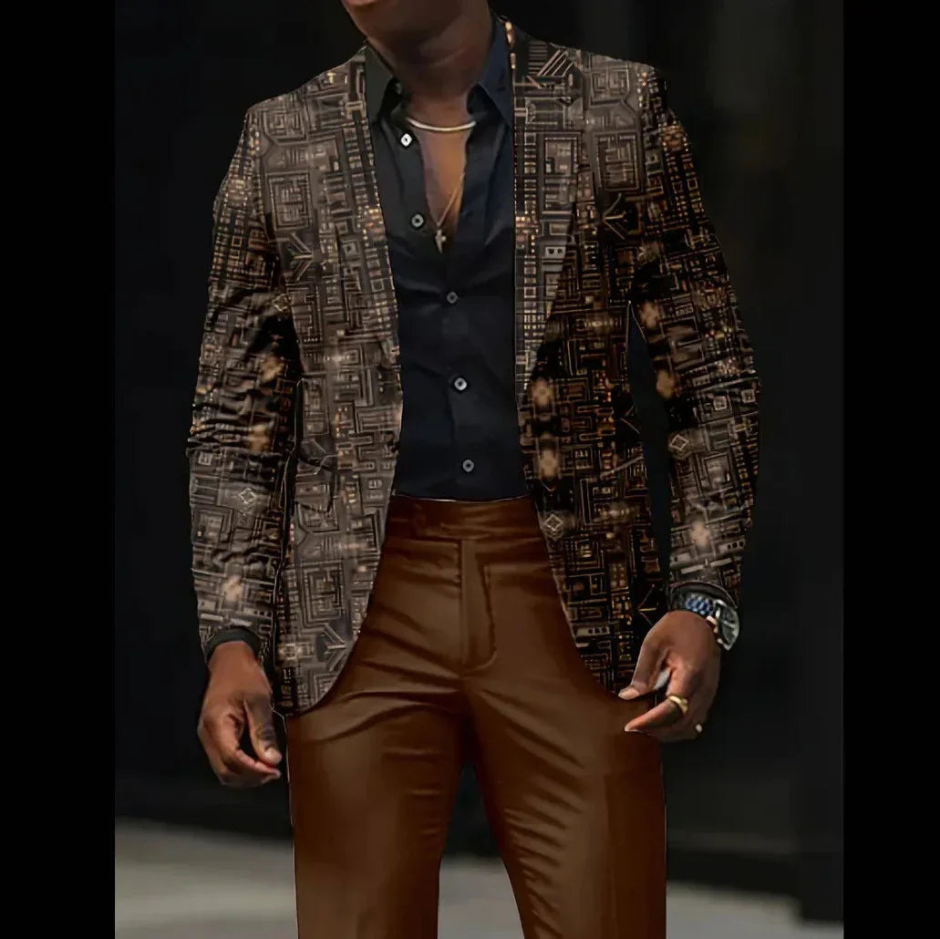 Man wearing a geometric patterned brown blazer, black shirt, and brown slim-fit pants