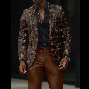 Man wearing a geometric patterned brown blazer, black shirt, and brown slim-fit pants
