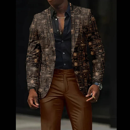 Man wearing a geometric patterned brown blazer, black shirt, and brown slim-fit pants
