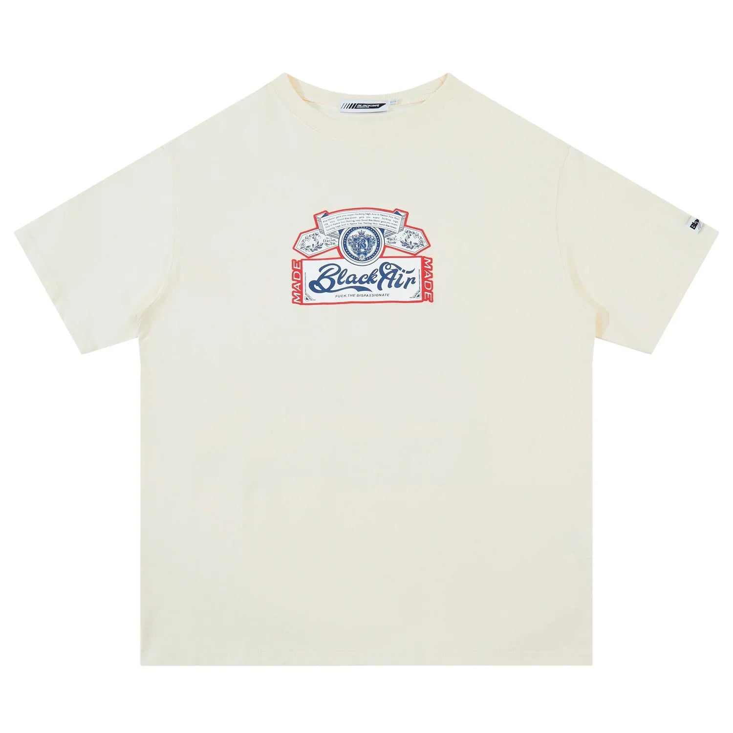 Cream short sleeve cotton t-shirt with graphic print on chest, relaxed streetwear fit