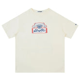 Cream short sleeve cotton t-shirt with graphic print on chest, relaxed streetwear fit