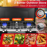 3-burner outdoor stove with stainless steel design, blue flame burners, independent control knobs, and piezo ignition, suitable for soups, stir fry, BBQ, and fried food.